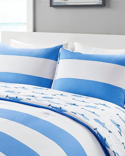 Mizone Kids Blake Reversible Dolphin Comforter Set - Adventure Animal Adorable Print with Stripe Reverse, Fun Bedroom Décor, Modern All Season Kids Bedding, Matching Sham, Full/Queen, Blue 3 Piece - LeafyLoom