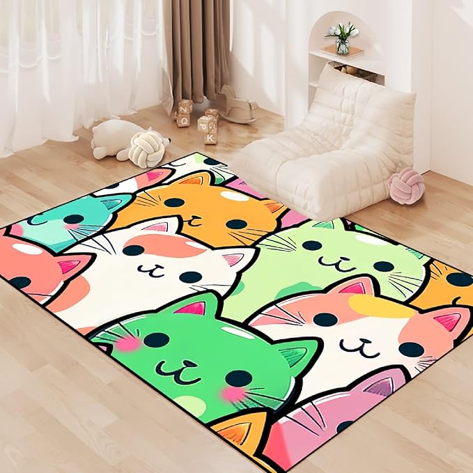 Cat Rug for Girls Room - Cat Pattern Rug Decor for Bedroom Cute Cat Area Rug Carpet Cartoon Cat Rug Kids Room, 4.5x6 Feet - LeafyLoom