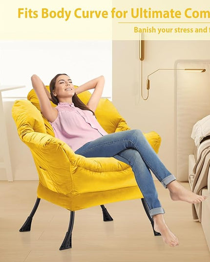 Lazy Chair Thick Padded, Accent Chair Velvet Upholstered with Wide Seat, Stable Metal Frame and Non-Slip Pad, Modern Sofa Armchair with Side Storage Bag for Dorm, Room, Office, Yellow - LeafyLoom