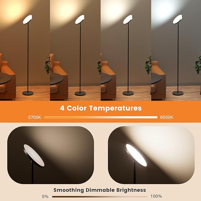 Floor Lamp,Bright 36W 3500LM Standing Lamp with Remote, 2700K Soft White to 6500K Cool White Adjustable,Touch Control Dimmable Torchiere Tall Lamp for Living Room,Bedroom,Office,Sofa(Black) - LeafyLoom
