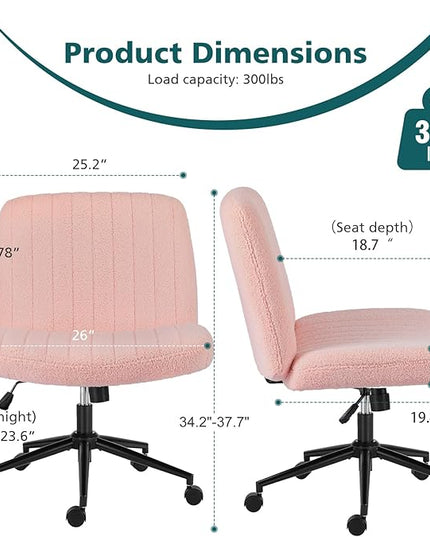OLIXIS Cross Legged Armless Wide Adjustable Swivel Padded Home Office Desk Chair, Pink with Wheels - LeafyLoom
