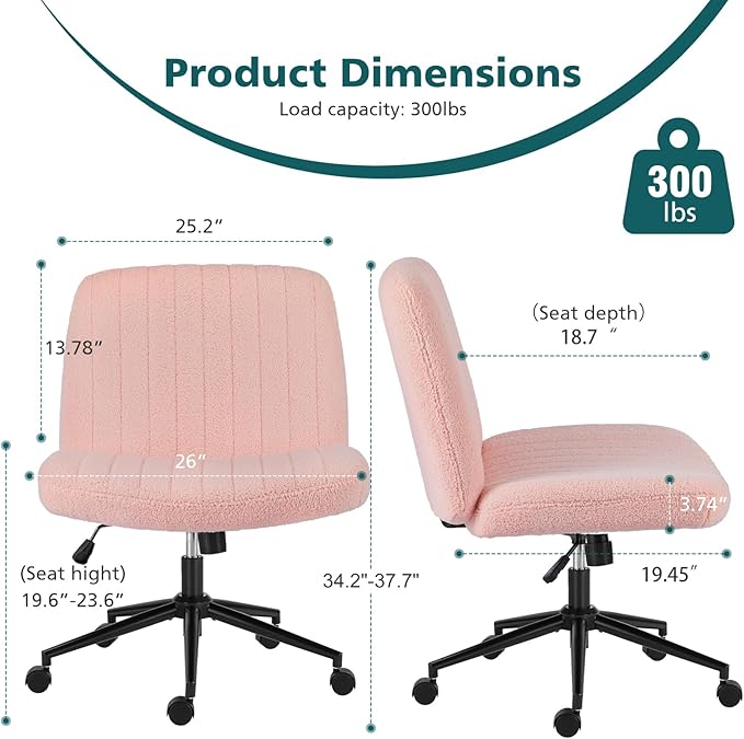 OLIXIS Cross Legged Armless Wide Adjustable Swivel Padded Home Office Desk Chair, Pink with Wheels - LeafyLoom