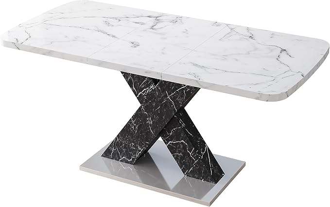 NicBex 62.99Inch Expandable Dining Table,Modern Kitchen Table with White Marble Tabletop and MDF White X-Shape Legs for 6 to 8,Large Dining Room Table for Kitchen,Meeting Living Room,Antique White - LeafyLoom