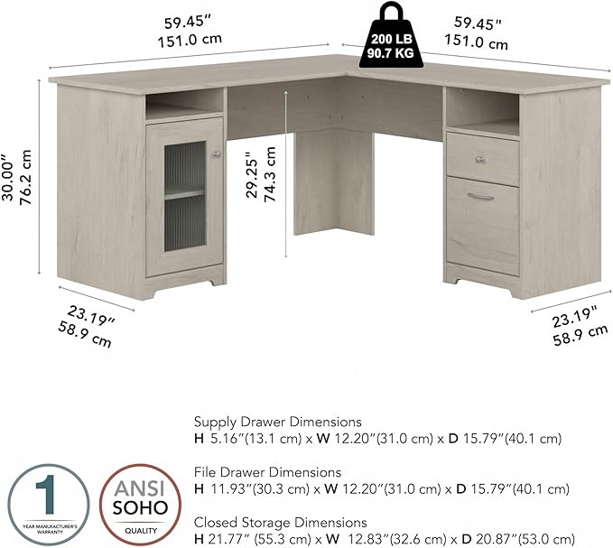 Bush Furniture Cabot 60W L Shaped Computer Desk with Storage in Linen White Oak - LeafyLoom