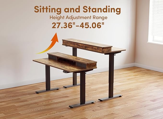 BANTI 60x24 Inch Electric Standing Desk with Double Drawers, Adjustable Height Stand Up Desk, Sit Stand Home Office Desk with Storage Shelf, Rustic Brown Top - LeafyLoom