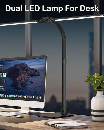 Desk Lamp with USB Charging Port for Home Office 24w Architect Remote Base Dual Task Led Light Modern 5 Color Modes Dimmable Adjustable Gooseneck Double Head Reading Drafting Eye Caring Tall Lamps - LeafyLoom