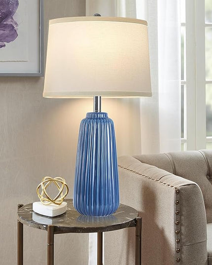 25inch Modern Ceramic Table Lamps Set of 2,Blue Tall Nightstand Lamp 3-Way Dimmable Farmhouse End Table Lamps for Living Room Bedroom,Bulbs Included - LeafyLoom