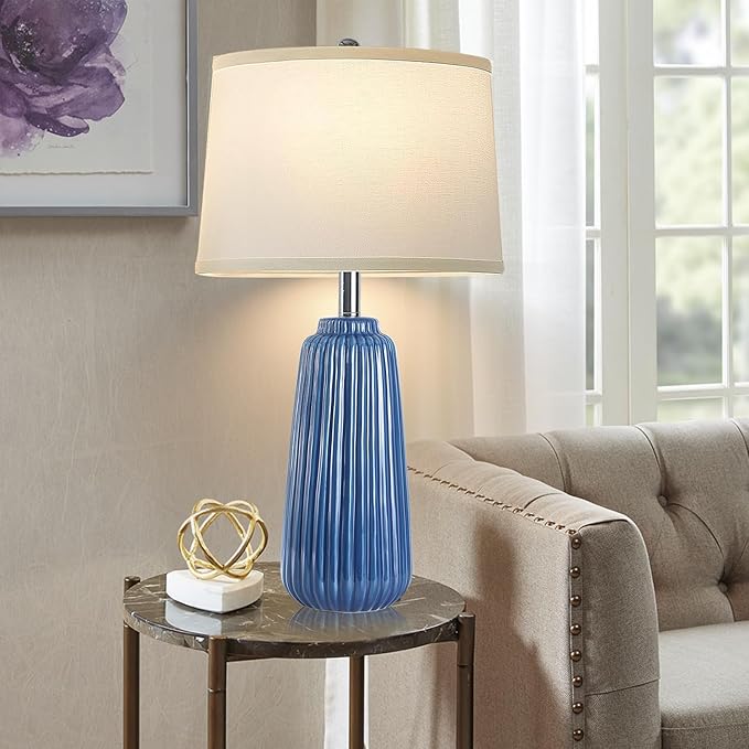 25inch Modern Ceramic Table Lamps Set of 2,Blue Tall Nightstand Lamp 3-Way Dimmable Farmhouse End Table Lamps for Living Room Bedroom,Bulbs Included - LeafyLoom