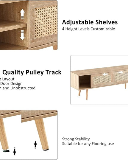 Brafab Boho TV Storage Media Console Table with Double Sliding Doors and Adjustable Shelf for Living Room, 55.12" L x 15.75" W x 18.31" H, Natural - LeafyLoom