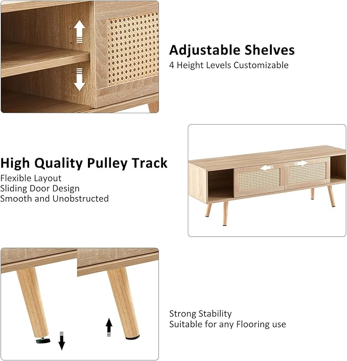 Brafab Boho TV Storage Media Console Table with Double Sliding Doors and Adjustable Shelf for Living Room, 55.12" L x 15.75" W x 18.31" H, Natural - LeafyLoom