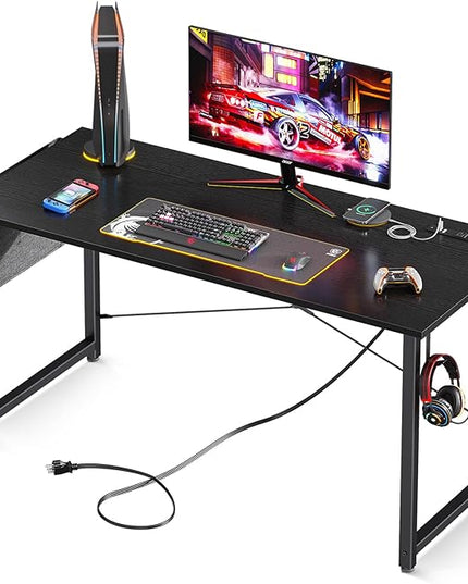 AODK 48 inch Small Computer Desk with Power Outlet for Small Spaces Home Office Student Laptop PC Writing Desks with Storage Bag Headphone Hook, Black - LeafyLoom