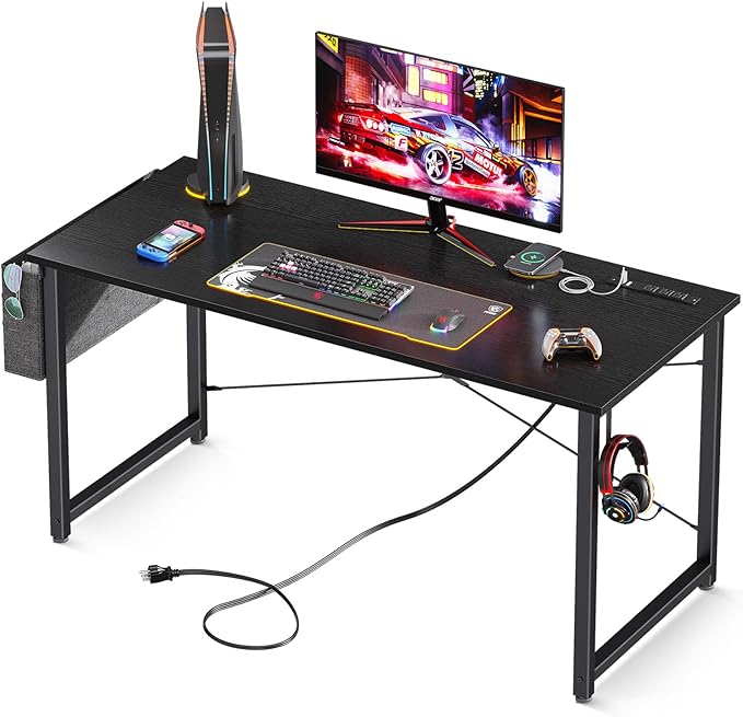 AODK 48 inch Small Computer Desk with Power Outlet for Small Spaces Home Office Student Laptop PC Writing Desks with Storage Bag Headphone Hook, Black - LeafyLoom