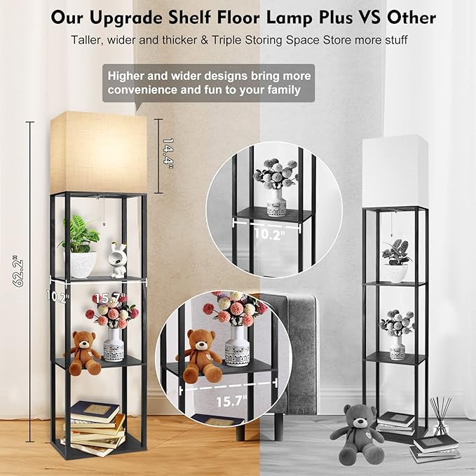 RUNTOP Plus Floor Lamp with Shelves, Shelf Lamp with 15W LED Bulb, 3 Colors, Memory Function, Wide Display Shelf for Collectibles Storge, Shelf Floor Lamps for Living Room, Standing Lamp for Bedroom - LeafyLoom