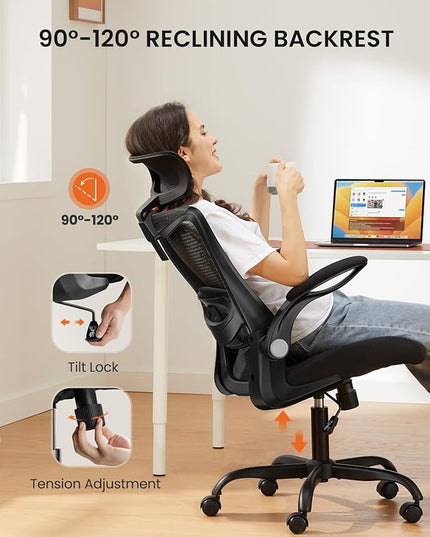 ErGear Ergonomic Desk Chair, Home Office Desk Chairs with Adjustable Headrest and Lumbar Support, Mesh Office Chair with Flip-Up Armrestst, Swivel Task Chair for Home Office, Black - LeafyLoom