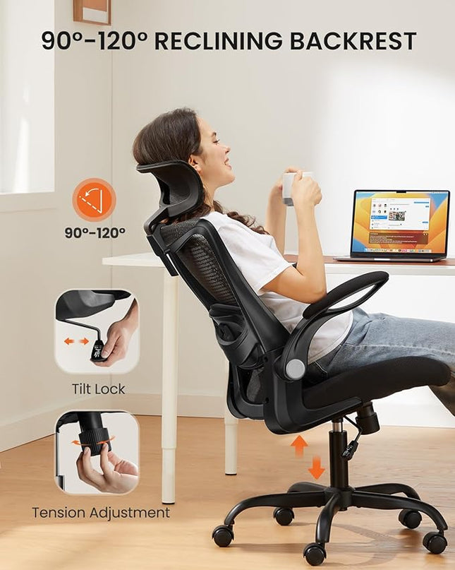 ErGear Ergonomic Desk Chair, Home Office Desk Chairs with Adjustable Headrest and Lumbar Support, Mesh Office Chair with Flip-Up Armrestst, Swivel Task Chair for Home Office, Black - LeafyLoom