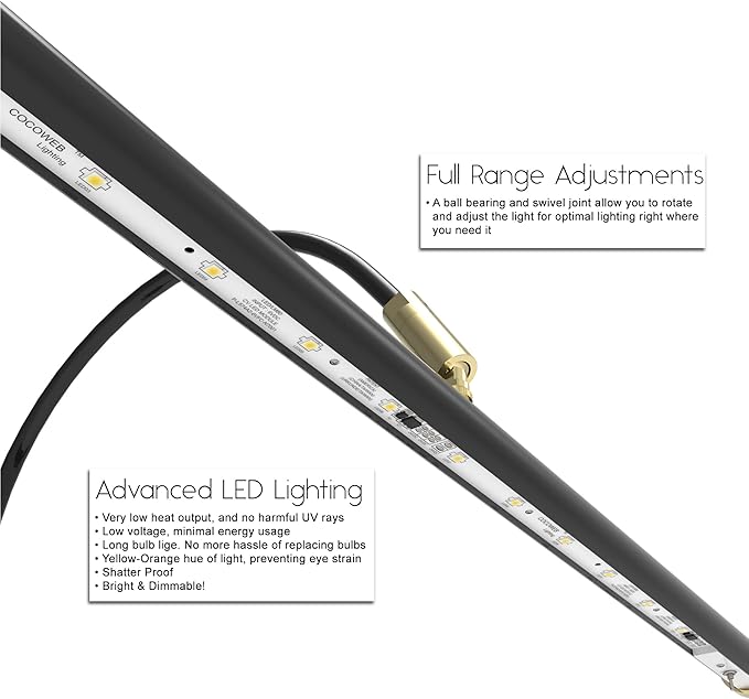 Cocoweb 19" Grand Piano Lamp - Adjustable, Black with Brass Accents, LED Clip-on with Dimmer - GPLED19D - LeafyLoom