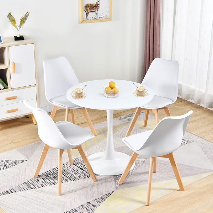 Round White Dining Table Modern Kitchen Table 31.5" with Pedestal Base in Tulip Design, Mid-Century Leisure Table for 2 to 4 Person - LeafyLoom