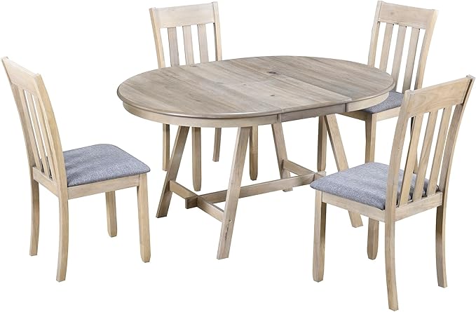 RITSU Modern 5 Piece Round Retractable Table Set with 4 Linen Upholstered Dining Chairs, Smooth Surface, Easy to Assemble and Clean, Suitable for Kitchen, Living Room, Natural Wood Wash, 56.6inch - LeafyLoom
