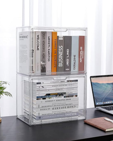 FABROK 2Pcs Clear Book Storage Organizer Box, Plastic Stackable Book Display Case with Magnetic Door, Assemble Storage Showcase for Toy Dolls, Books, Shoes Organizing - LeafyLoom