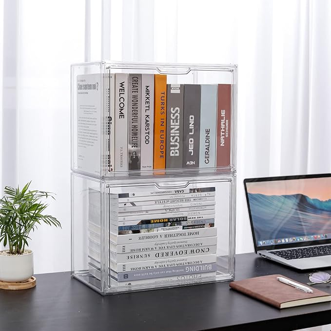 FABROK 2Pcs Clear Book Storage Organizer Box, Plastic Stackable Book Display Case with Magnetic Door, Assemble Storage Showcase for Toy Dolls, Books, Shoes Organizing - LeafyLoom