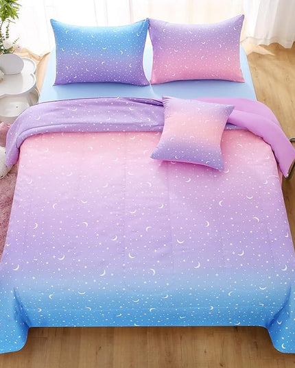 JQinHome Full Girls Comforter Set,6 Piece Bed in A Bag 3D Purple Orange Glitter Bedding Set -All Season Microfiber Rainbow Bedding Sets for Girls Women - LeafyLoom