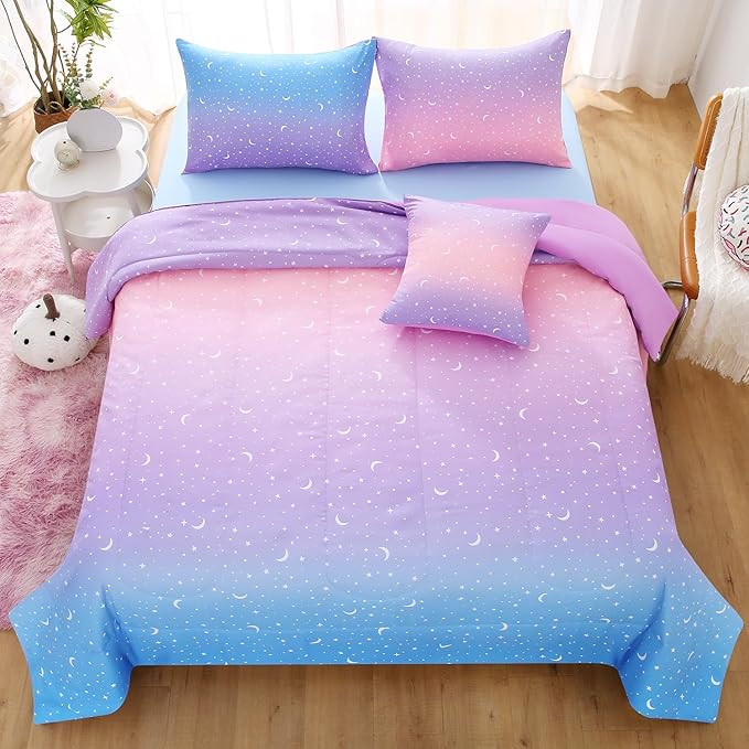 JQinHome Queen Girls Comforter Set,6 Piece Bed in A Bag 3D Purple Orange Glitter Bedding Set -All Season Microfiber Rainbow Bedding Sets for Girls Women - LeafyLoom