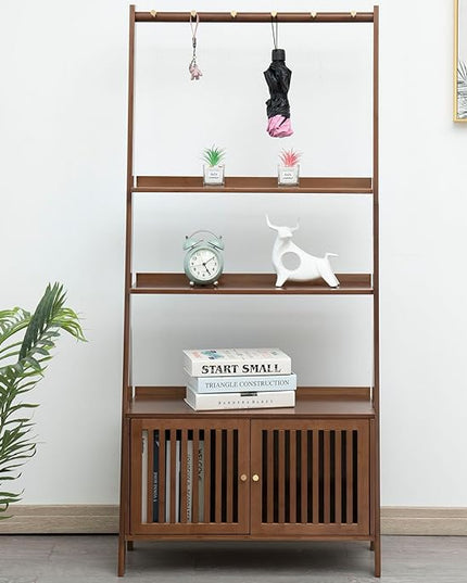 Bamboo Ladder Shelf Modern Wood Bookshelf Tall Bookcase Leaning Wall Shelves Open Standing Storage Rack Shelves for Living Room, Bathroom, Kitchen, Office(Brown, 4 Tier-21x11x59) - LeafyLoom