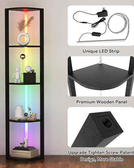 ROJASOP 5 Tiers Corner Shelf with Light Tall Display Shelf for Collectibles Control Multiple Color Lights via APP and Remote Control Floor Lamp with Shelf Supports Dimming for Living Room Bedroom Home - LeafyLoom