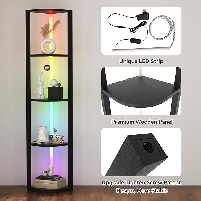 ROJASOP 5 Tiers Corner Shelf with Light Tall Display Shelf for Collectibles Control Multiple Color Lights via APP and Remote Control Floor Lamp with Shelf Supports Dimming for Living Room Bedroom Home - LeafyLoom