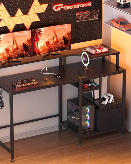 GreenForest 55 inch Computer Desk with Drawers and Outlets, Home Office Desk with Storage and Printer Shelf, Work Desk with Fabric File Drawer, Study Desk with Monitor Stand, Computer Table, Black - LeafyLoom