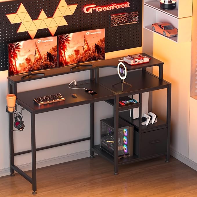 GreenForest 55 inch Computer Desk with Drawers and Outlets, Home Office Desk with Storage and Printer Shelf, Work Desk with Fabric File Drawer, Study Desk with Monitor Stand, Computer Table, Black - LeafyLoom