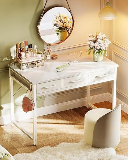 AODK Vanity Desk without Mirror, Makeup Vanity with 3 Fabric Drawers, White Vanity Desk Dressing Vanity Table with Charging Station, 40 Inch Large Girl Vanity, Desk Make Up Vanity for Girls, White - LeafyLoom