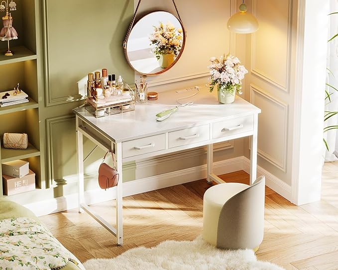 AODK Vanity Desk without Mirror, Makeup Vanity with 3 Fabric Drawers, White Vanity Desk Dressing Vanity Table with Charging Station, 40 Inch Large Girl Vanity, Desk Make Up Vanity for Girls, White - LeafyLoom