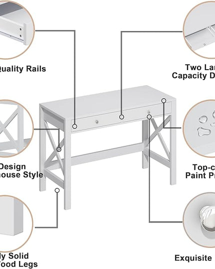 ChooChoo Computer Desk Study for Home Office, Modern Simple 40 Inches White Desk with Drawers, Makeup Vanity Console Table - LeafyLoom