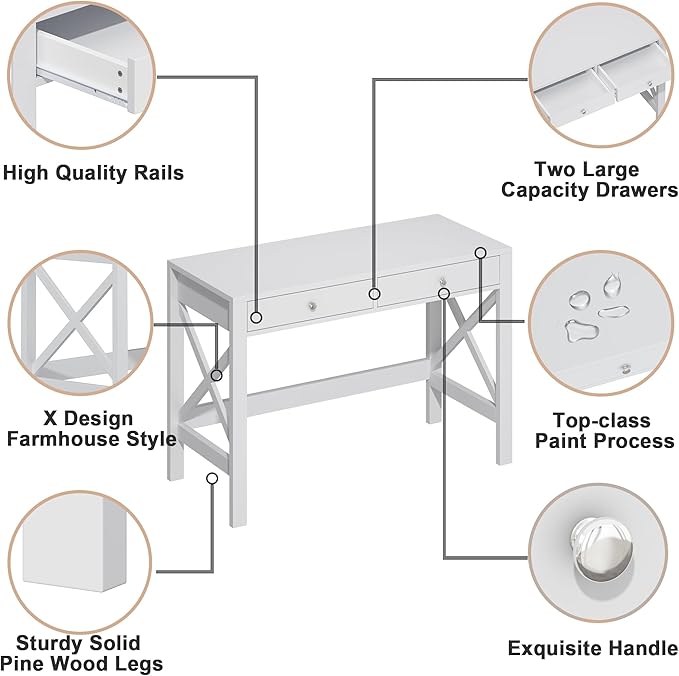 ChooChoo Computer Desk Study for Home Office, Modern Simple 40 Inches White Desk with Drawers, Makeup Vanity Console Table - LeafyLoom