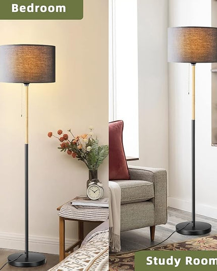 Modern Floor Lamp for Living Room Traditional Farmhouse Floor Lamps Mid-Century Pole Lamp with Linen Lamp Shade, Standing Tall Floor Lamps for Bedrooms and Office (Black) - LeafyLoom