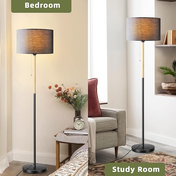 Modern Floor Lamp for Living Room Traditional Farmhouse Floor Lamps Mid-Century Pole Lamp with Linen Lamp Shade, Standing Tall Floor Lamps for Bedrooms and Office (Black) - LeafyLoom
