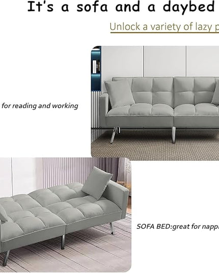 74" Futon Sofa Bed Living Room Furniture Sets Modern Convertible Folding Lounge Couch Loveseat Daybed Upholstered Sofá with 2 Pillows for Bedroom, Apartment, Home Office, Gray-3 - LeafyLoom