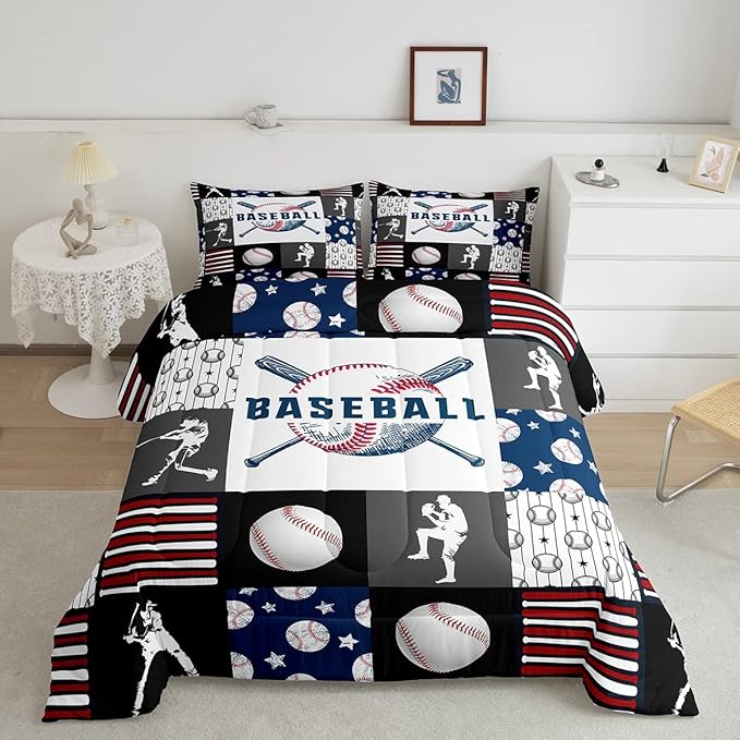 Teen Boy Sports Baseball Twin Bedding Set,Kids Baseball Athlete Comforter Set,Grunge Hippie Tie Dye Ball Bed Comforter Sets Room Decor Patchwork Pattern 1 Pillow Case（Red Blue Black White Grey） - LeafyLoom