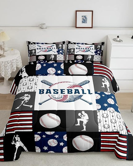 Teen Boy Sports Baseball King Bedding Set,Kids Baseball Athlete Comforter Set,Grunge Hippie Tie Dye Ball Bed Comforter Sets Room Decor Patchwork Pattern 2 Pillow Cases（Red Blue Black White Grey） - LeafyLoom