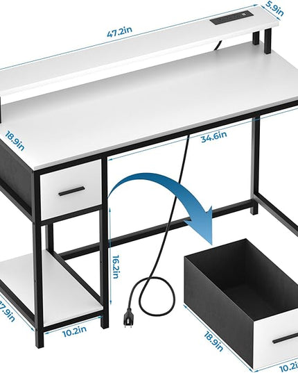 GreenForest Computer Desk with Drawers 47 inch,Gaming Desk with LED Lights & Power Outlets Small Desk with Monitor Stand and Reversible Shelf,White - LeafyLoom