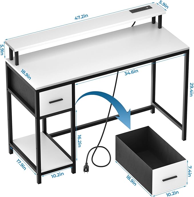 GreenForest Computer Desk with Drawers 47 inch,Gaming Desk with LED Lights & Power Outlets Small Desk with Monitor Stand and Reversible Shelf,White - LeafyLoom