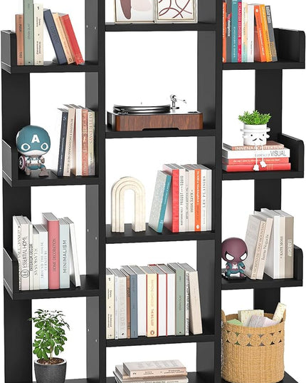 Aheaplus Bookshelf, Tree-Shaped Bookcase Storage Shelf with 13 compartments, Books Organizer Display Cube Shelves, Industrial Free Floor Standing Wood Open Bookshelves, Black - LeafyLoom