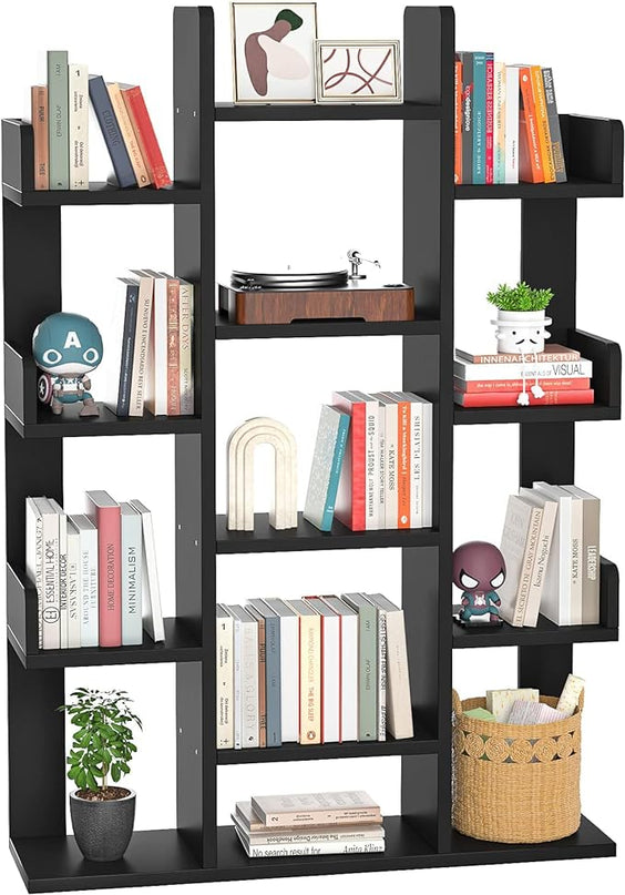 Aheaplus Bookshelf, Tree-Shaped Bookcase Storage Shelf with 13 compartments, Books Organizer Display Cube Shelves, Industrial Free Floor Standing Wood Open Bookshelves, Black - LeafyLoom