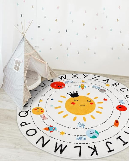 ABC Kids Rug,5.2 ft Washable Nursery Rug,Soft Plush Educational Circle Rug,Non-Slip Solar System Alphabet Rug for Classroom playroom Bedroom Kids Room Decor - LeafyLoom