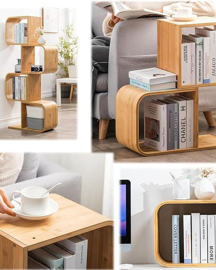 5-Tier S-Shaped Geometric Modern Bamboo Bookshelf, Large Capacity Creative Display Curved Rack Free-standing Bedside Table 2 in 1 Bookcase Storage CDs, DVDs Book Shelf for Home, Office, Living Room - LeafyLoom