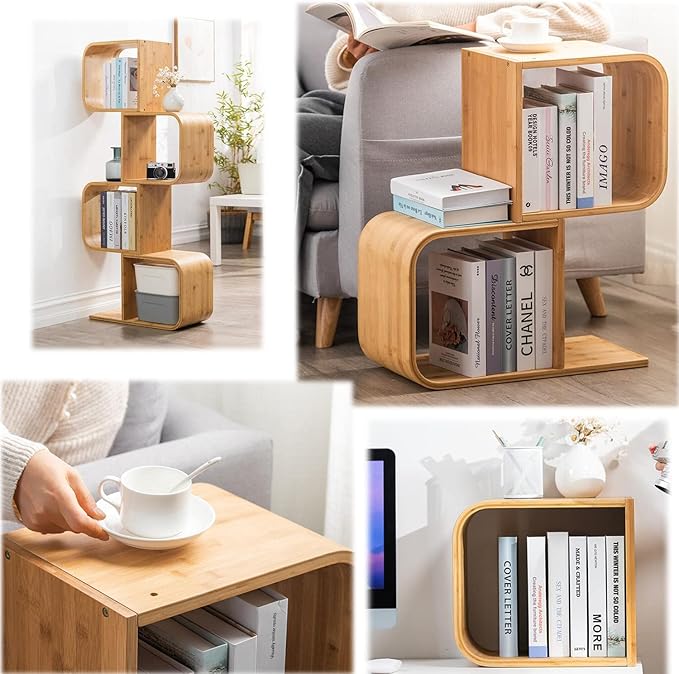5-Tier S-Shaped Geometric Modern Bamboo Bookshelf, Large Capacity Creative Display Curved Rack Free-standing Bedside Table 2 in 1 Bookcase Storage CDs, DVDs Book Shelf for Home, Office, Living Room - LeafyLoom