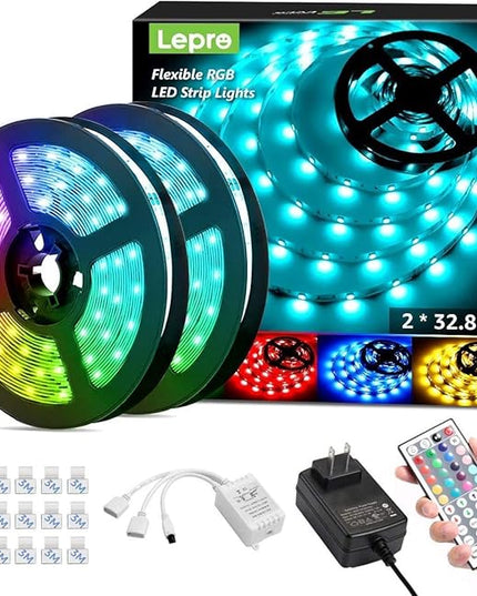 Lepro 65.6ft LED Strip Lights, Ultra-Long RGB 5050 LED Strips with Remote Controller and Fixing Clips, Color Changing Tape Light with 12V ETL Listed Adapter for Bedroom, Room, Kitchen, Bar(32.8FTX 2) Lepro