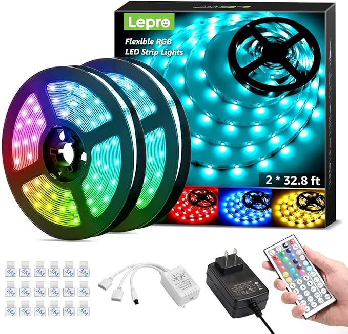 Lepro 65.6ft LED Strip Lights, Ultra-Long RGB 5050 LED Strips with Remote Controller and Fixing Clips, Color Changing Tape Light with 12V ETL Listed Adapter for Bedroom, Room, Kitchen, Bar(32.8FTX 2) Lepro