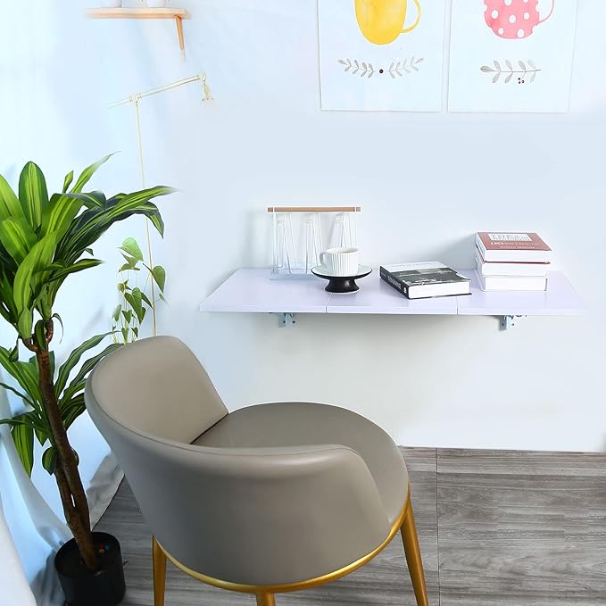Folding Wall Desk, Wall Desk Fold Down Wall Mounted Desk for Small Space, Floating Desk, White, 35.4 x 15.8 inch - LeafyLoom